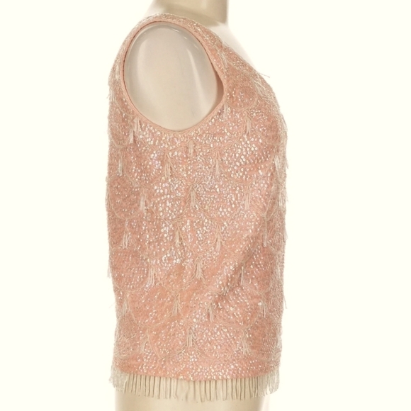 VINTAGE VOGUEMONT 1960s Pink Beaded Pure Wool Top Size 6 Made in Hong Kong - Picture 2 of 6